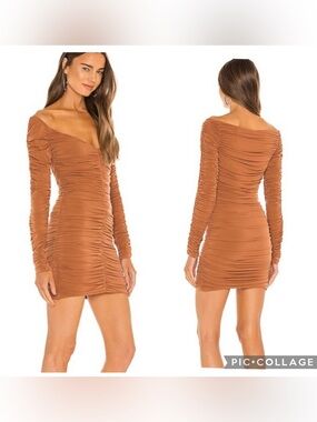 Michael Costello x Revolve Ana Ruched Off-Shoulder Mini Dress in Terra Cotta